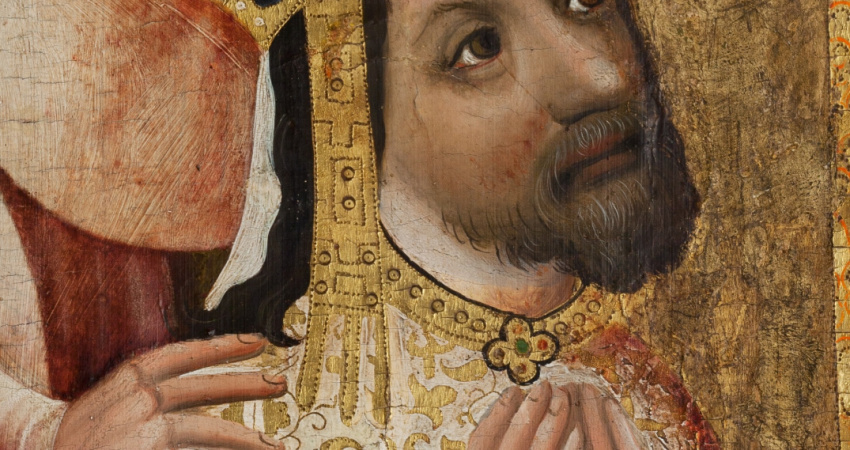 Císař Karel IV. klečící — fragment votivního obrazu Jana Očka z Vlašimi
