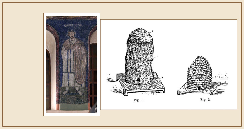 Sv. Ambrož, mozaika 5. století (foto Sailko, CC BY 3.0), a historické úly Sv. Ambrož, mozaika 5. století (foto Sailko, CC BY 3.0), a historické úly